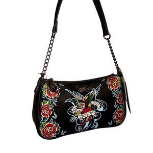 Ed Hardy Y2K True ‘Til Death Black Faux Leather Shoulder & Crossbody Bag